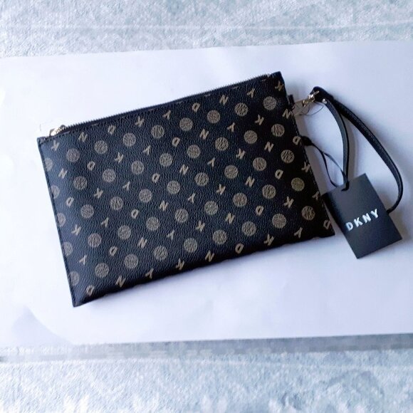 NWT DKNY black & taupe monogram large wristlet - Picture 3 of 5
